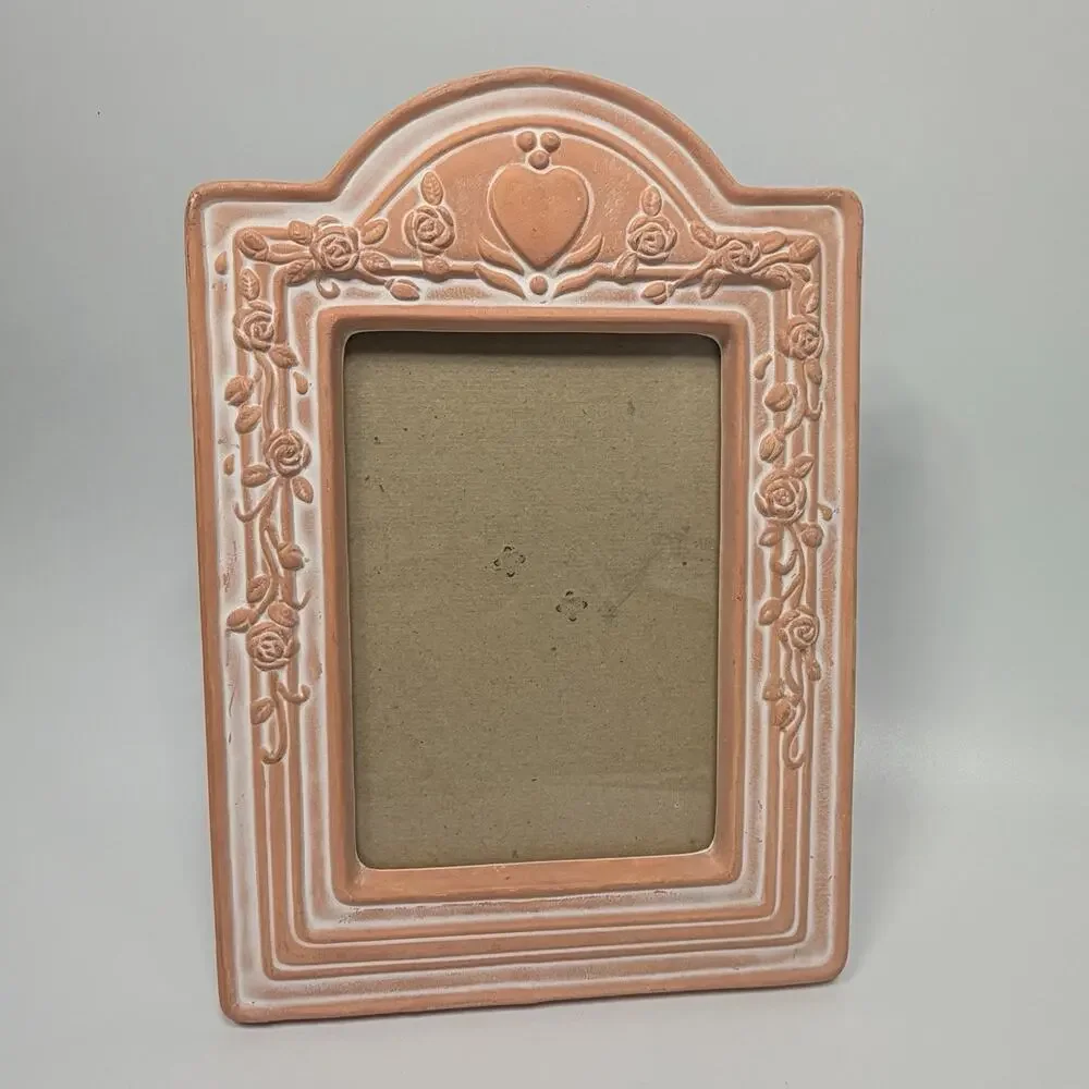 Vtg 1990s Whitewashed Terracotta Hear Rose Ceramic Picture Frame 4.25 x 6.25